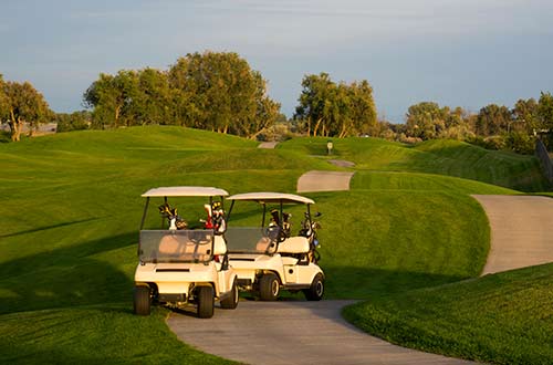 Two golf carts on a golf course